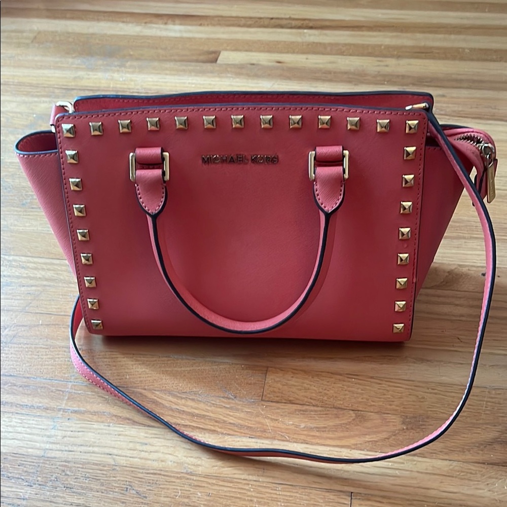 Michael Kors Pink Grapefruit Satchel with Studded Detailing